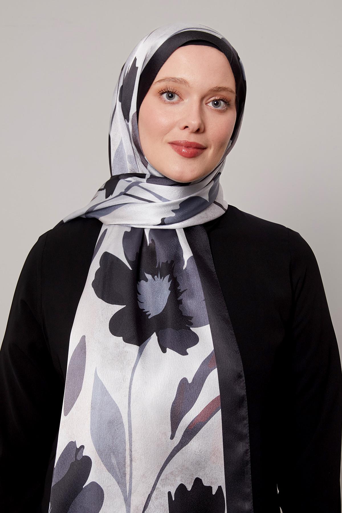 Fivescarf Füme Somut Çiçek Desenli Vual İpek Şal