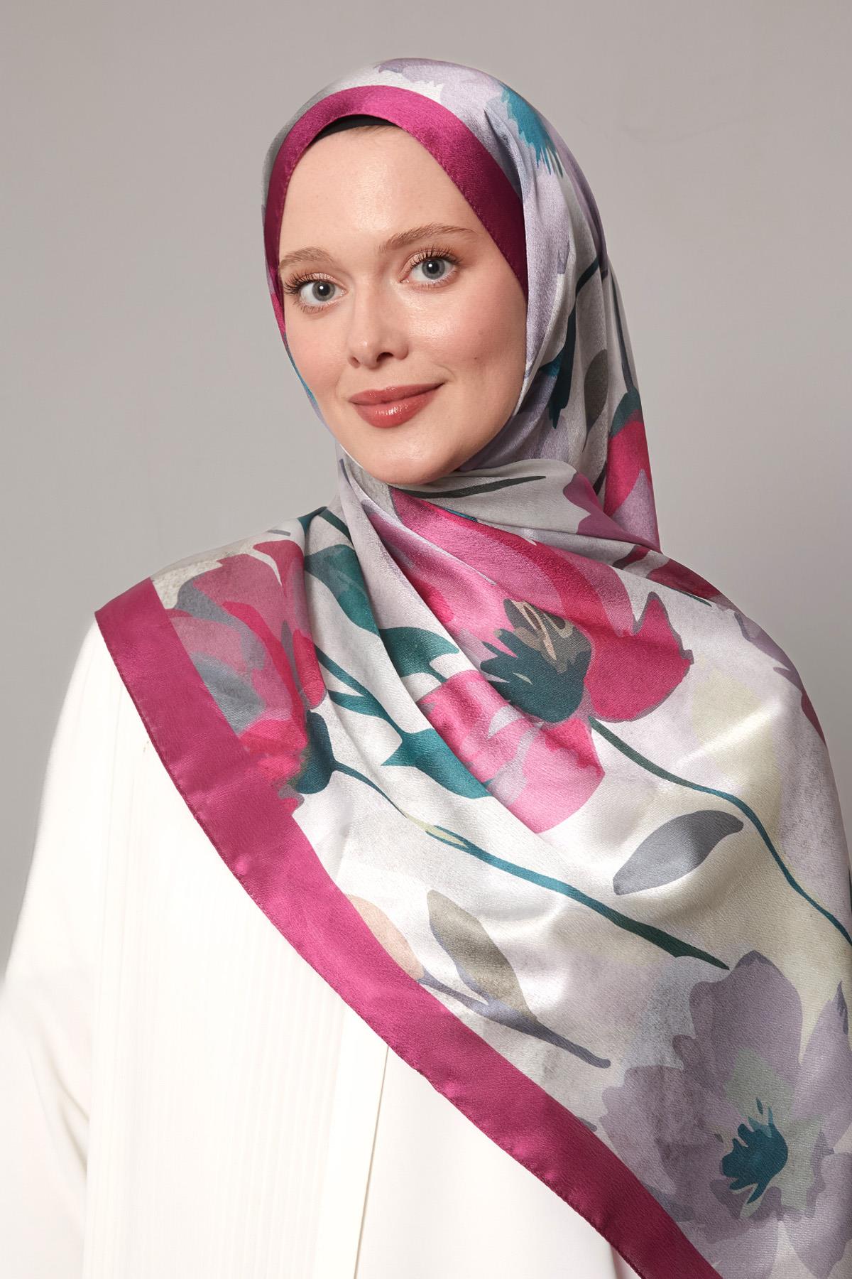 Fivescarf Fuşya Somut Çiçek Desenli Vual İpek Şal