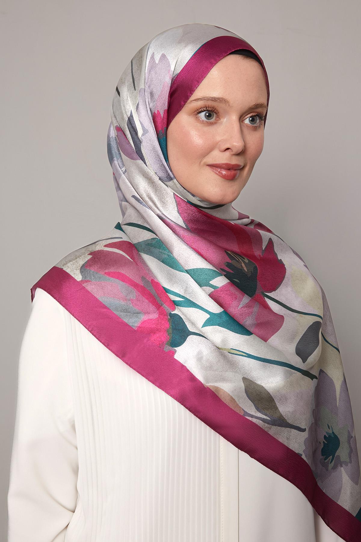 Fivescarf Fuşya Somut Çiçek Desenli Vual İpek Şal