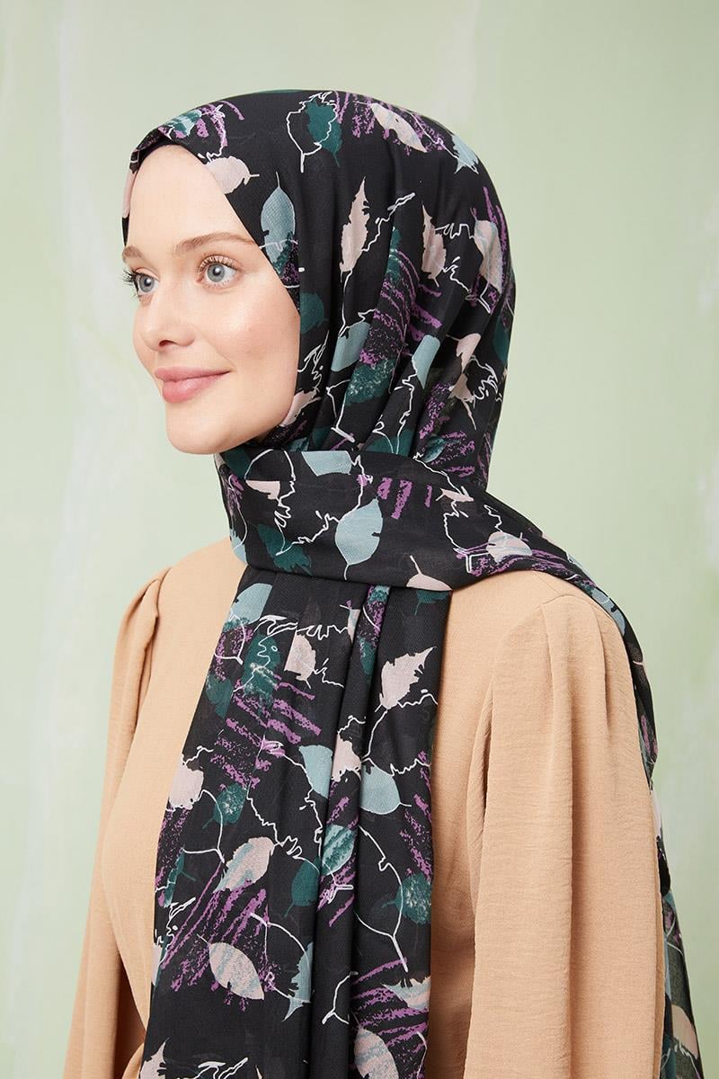 Fivescarf Gece Siyahı Desenli Cotton Şal