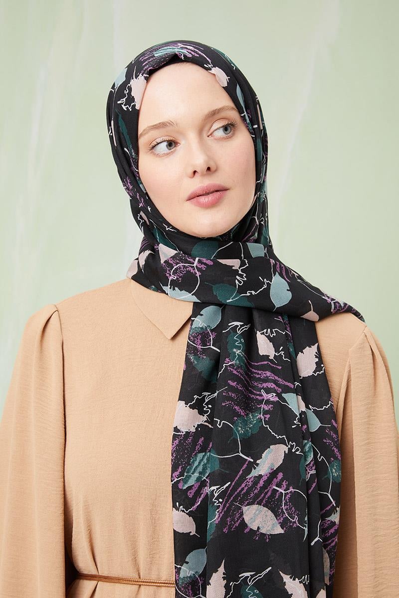 Fivescarf Gece Siyahı Desenli Cotton Şal