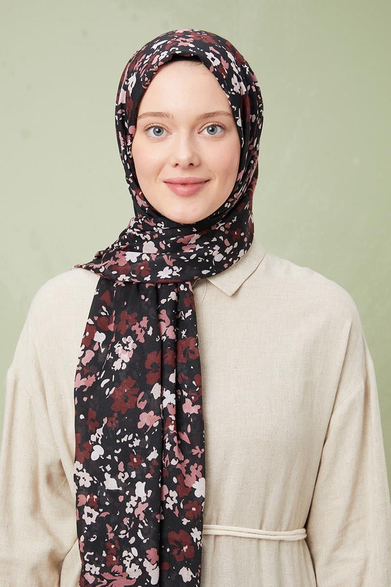 Fivescarf Gece Siyahı Desenli Cotton Şal