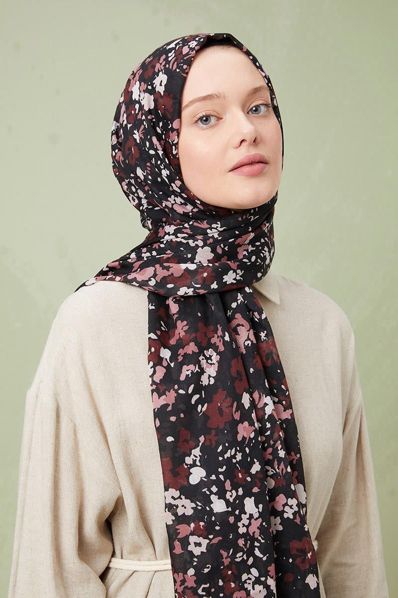 Fivescarf Gece Siyahı Desenli Cotton Şal