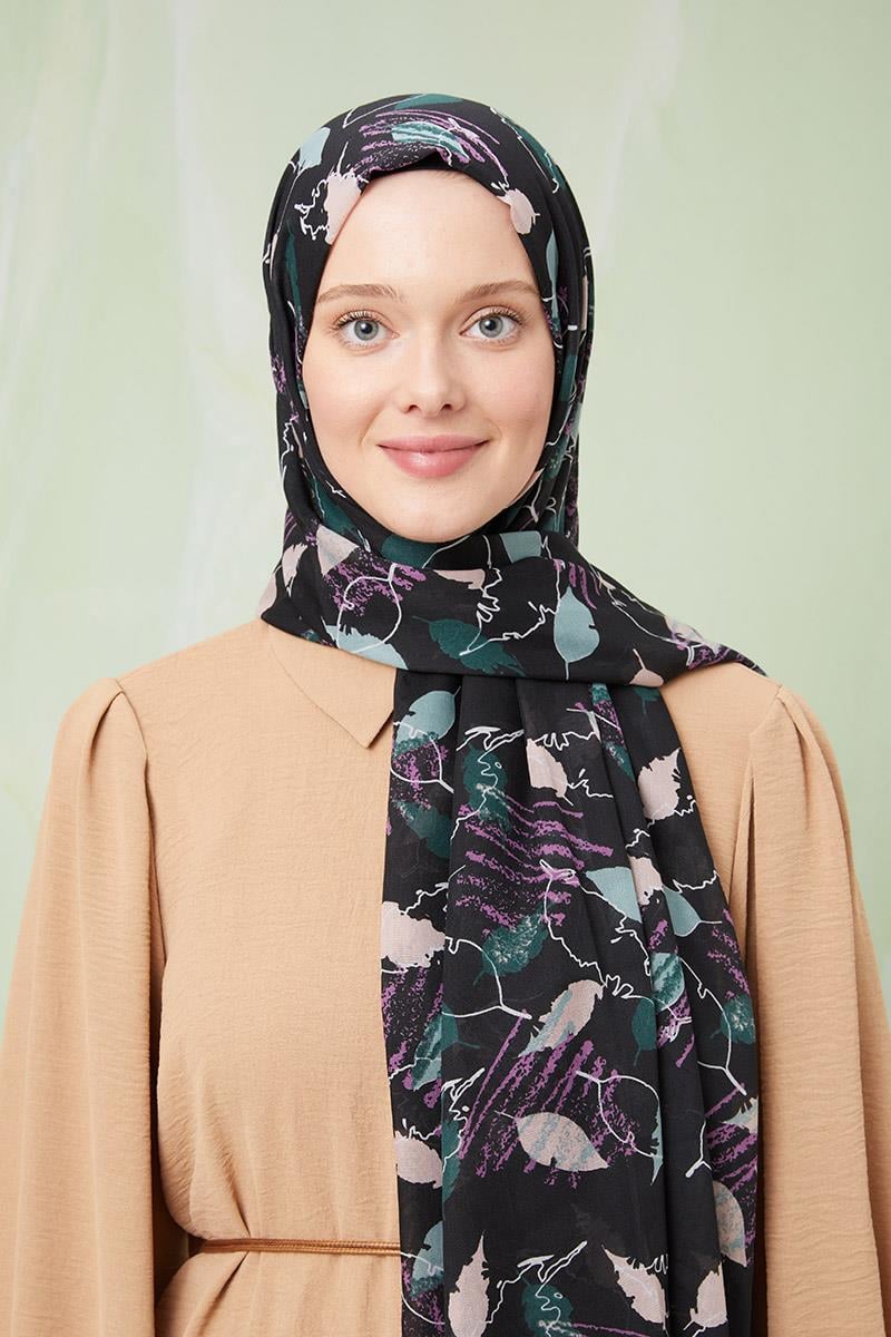 Fivescarf Gece Siyahı Desenli Cotton Şal