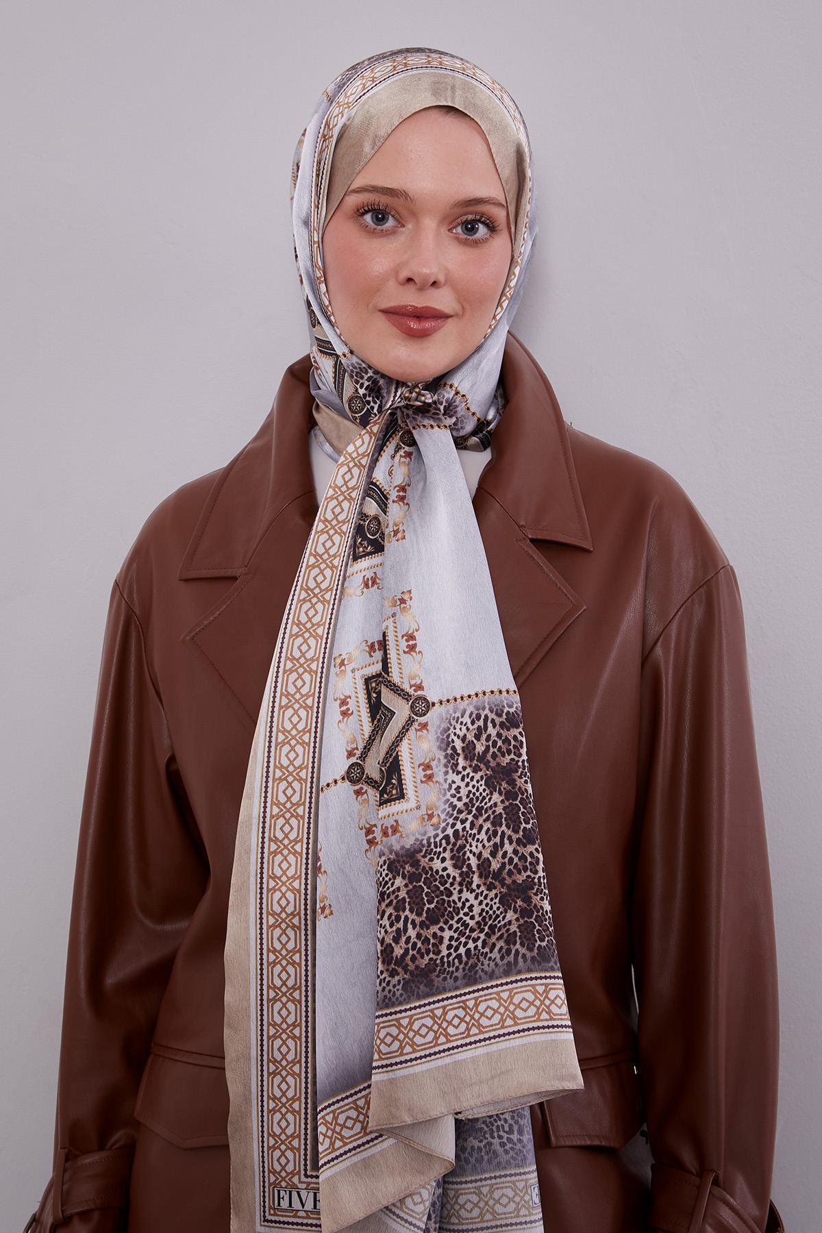 Fivescarf Gold Geometrik Desen Vual İpek Şal