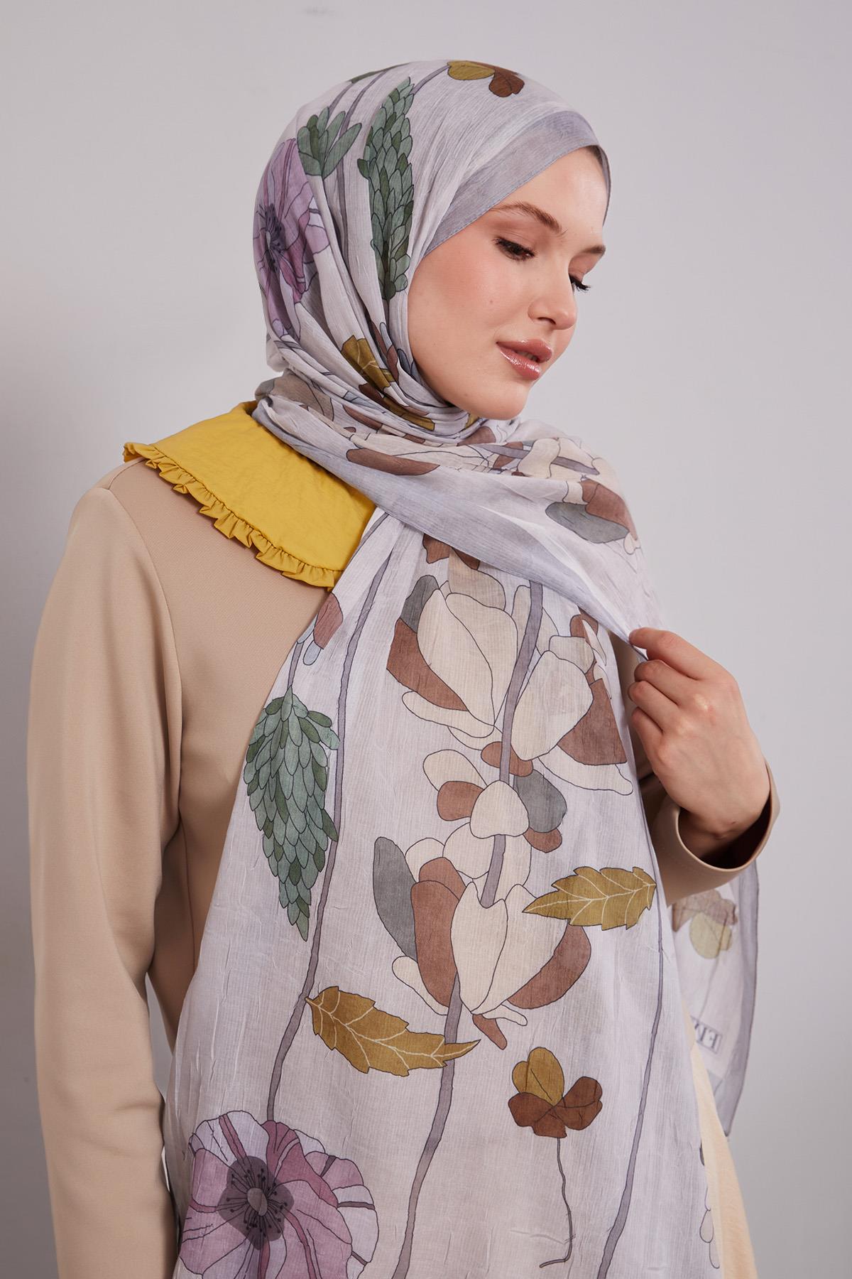 Fivescarf Gri Büyük Çiçek Desenli Craze Comfort Şal