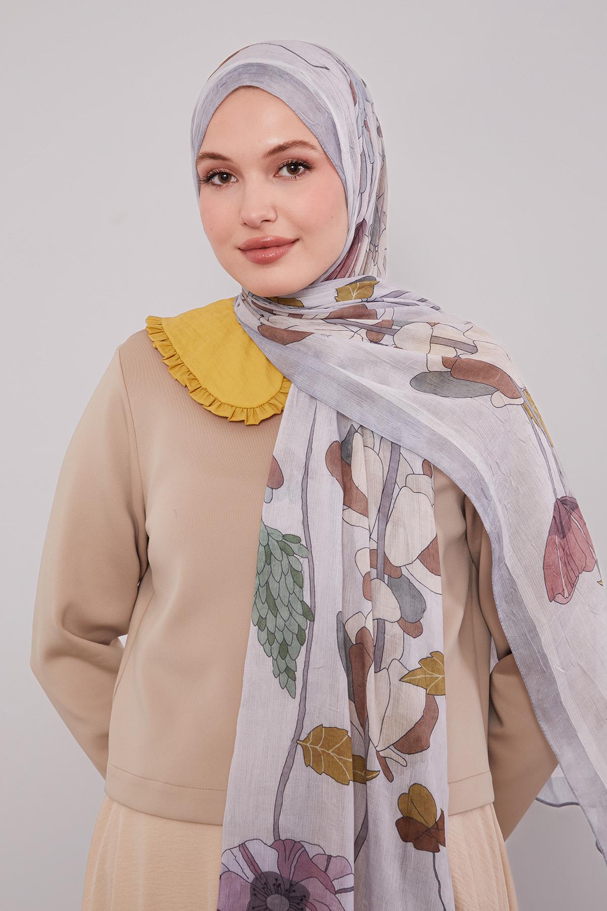 Fivescarf Gri Büyük Çiçek Desenli Craze Comfort Şal
