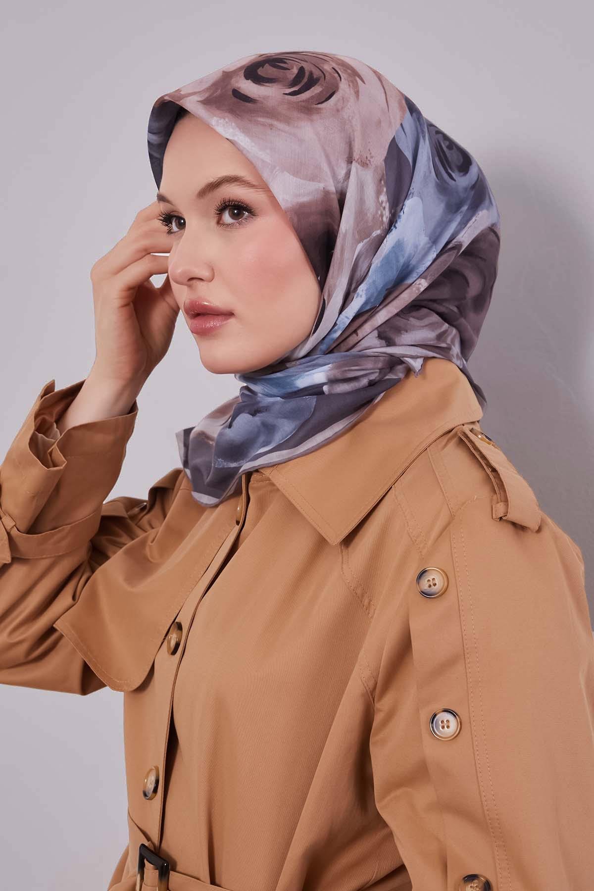 Fivescarf Gri Çiçek Desen Slik Coton Eşarp