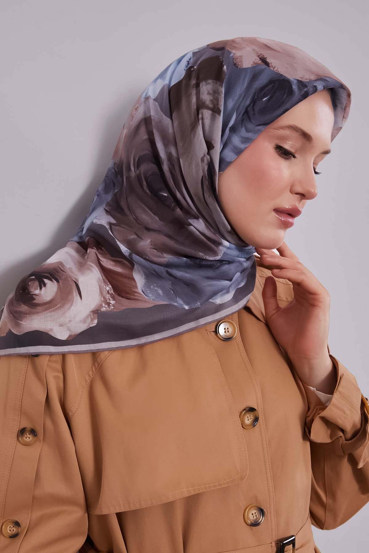 Fivescarf Gri Çiçek Desen Slik Coton Eşarp