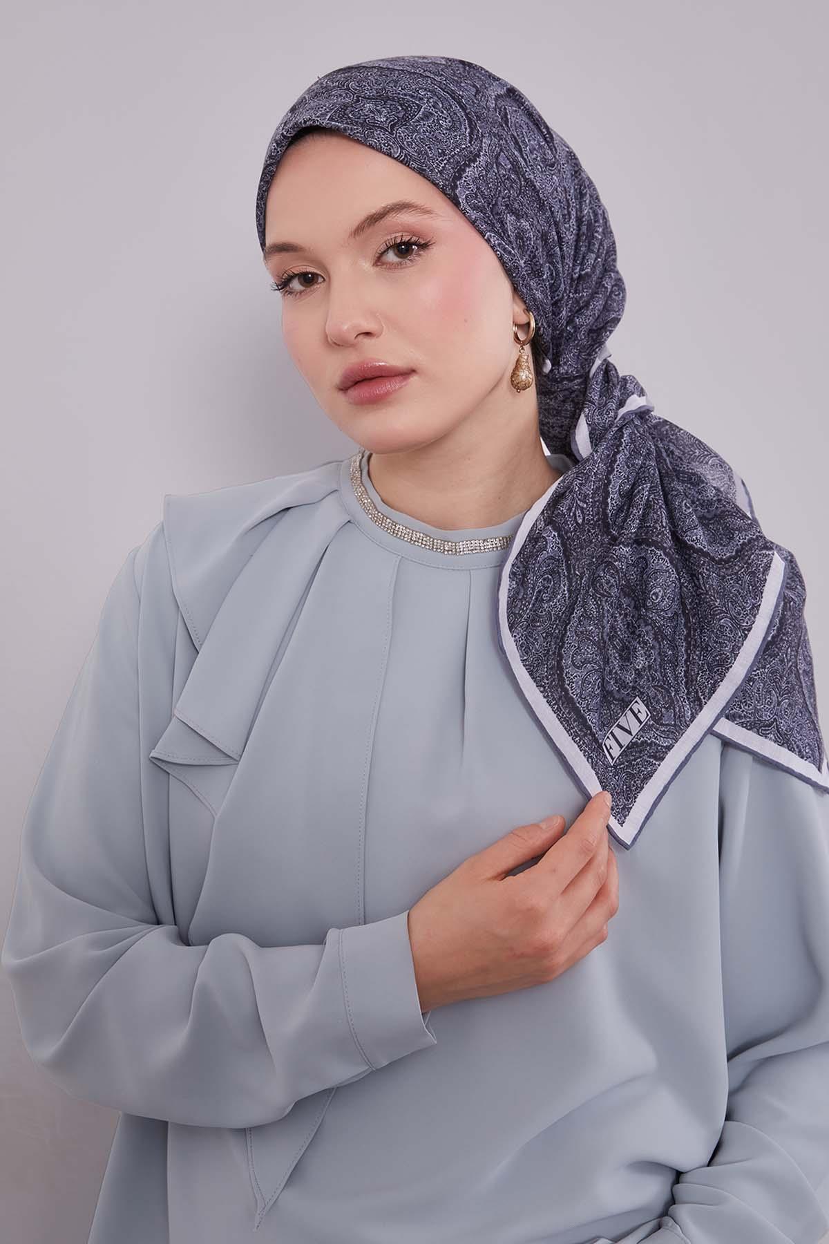 Fivescarf Gri Çini Desen Silk Coton Eşarp