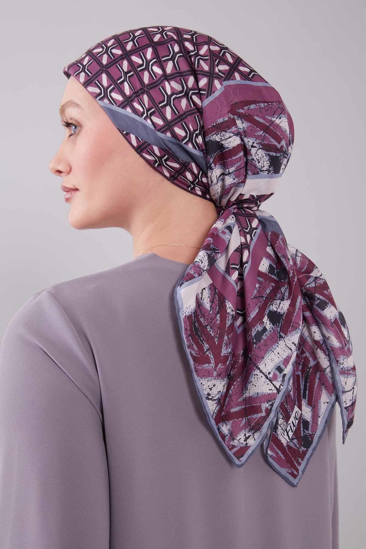 Fivescarf Gri Geometri Desen Silk Cotton Eşarp
