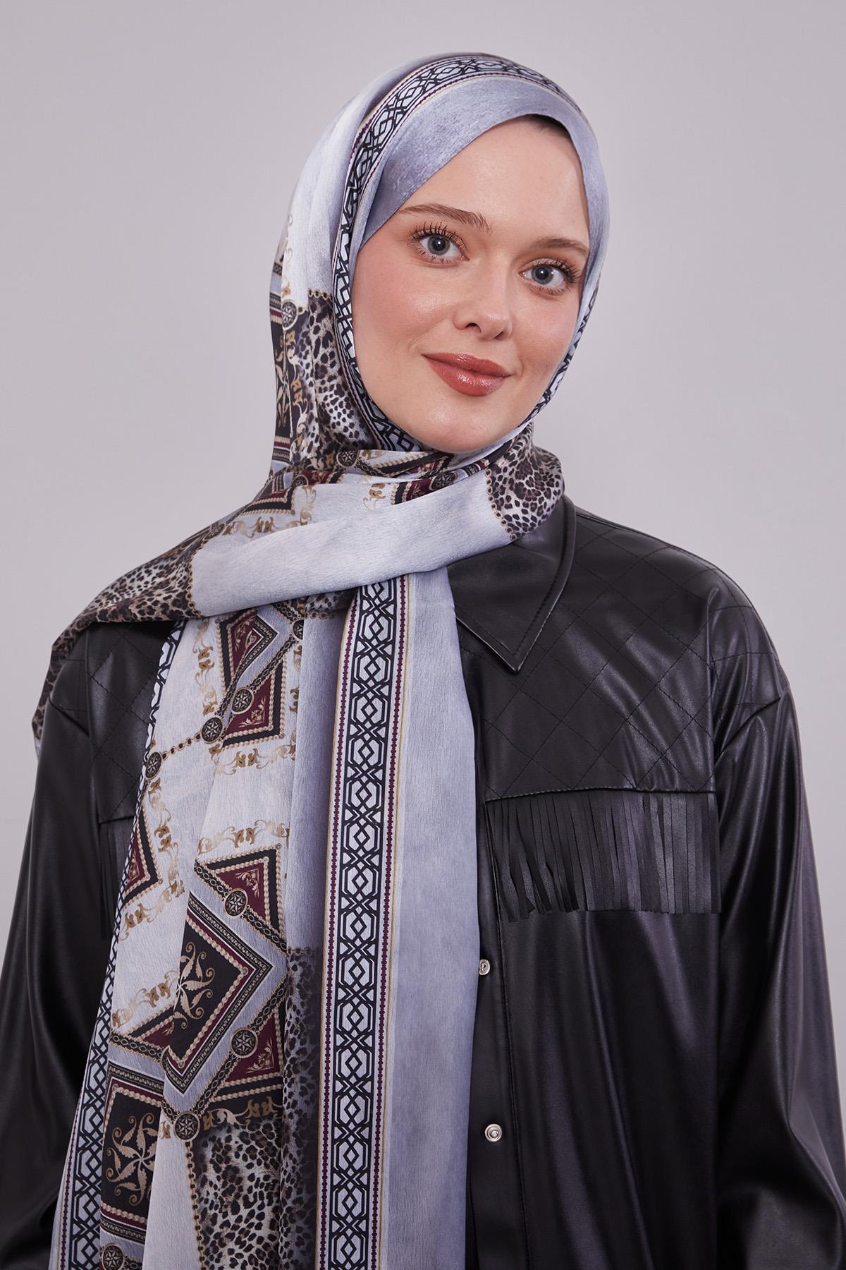 Fivescarf Gri Geometrik Desen Vual İpek Şal