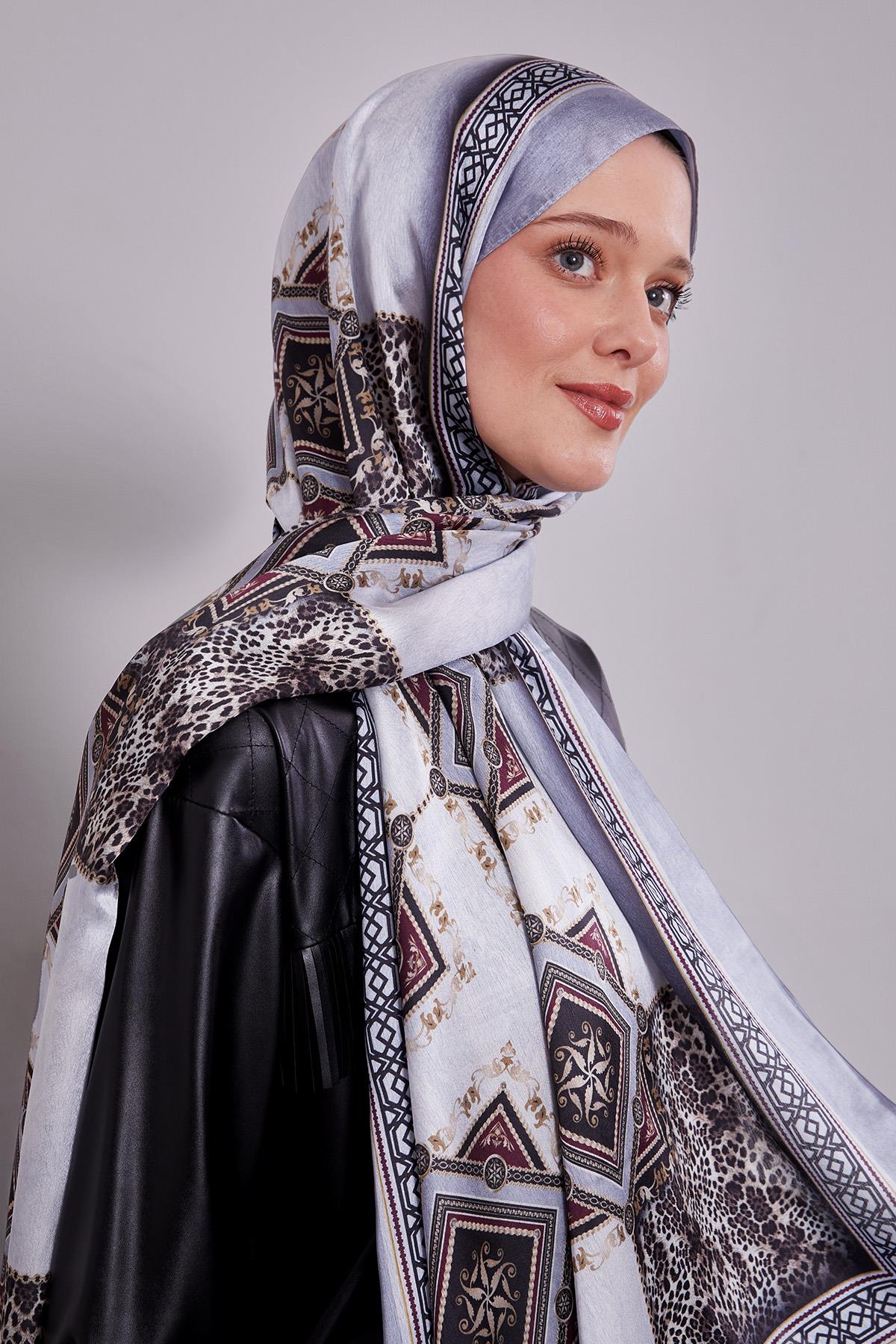 Fivescarf Gri Geometrik Desen Vual İpek Şal