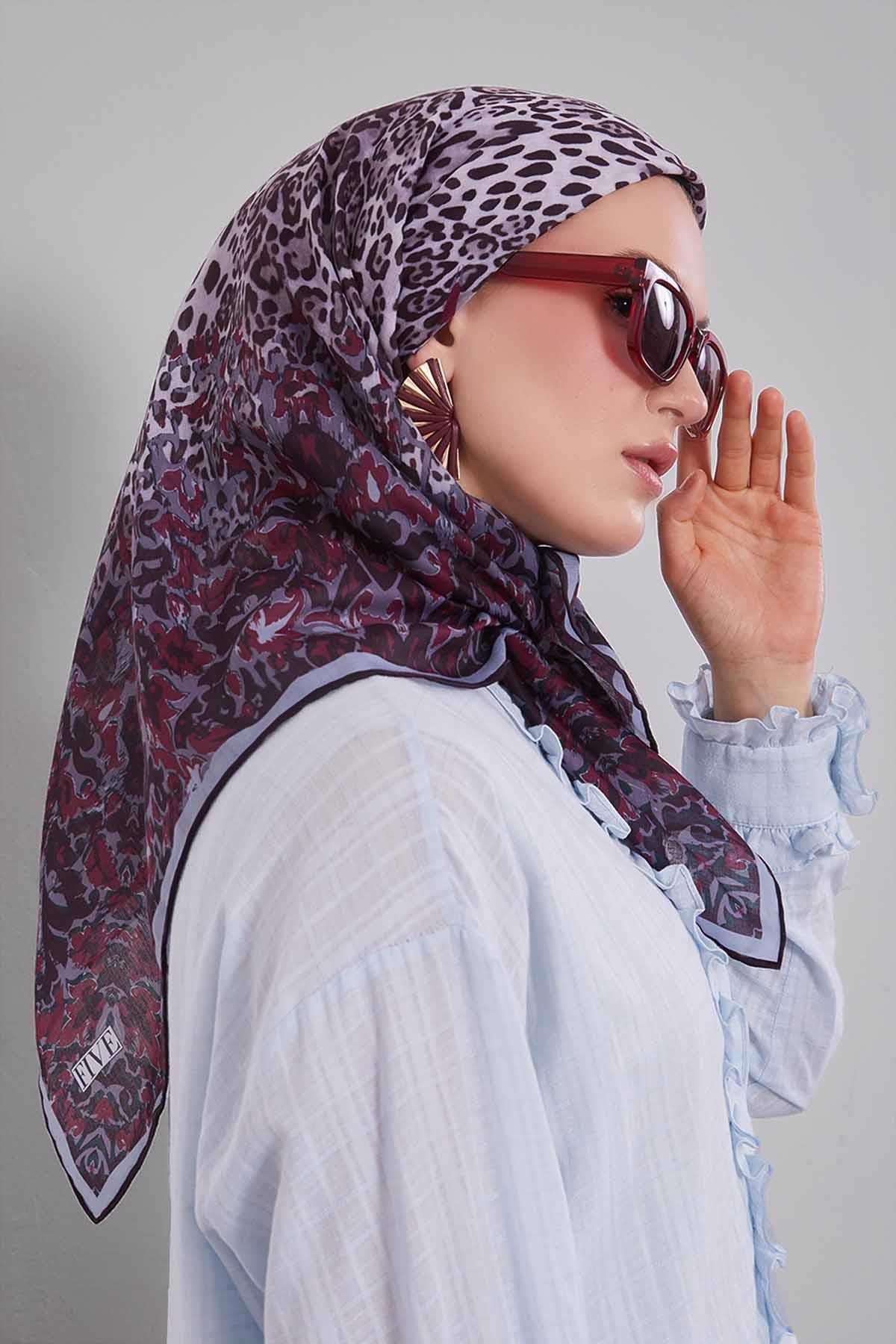 Fivescarf Gri Karışık Leopar Desen Silk Coton Eşarp