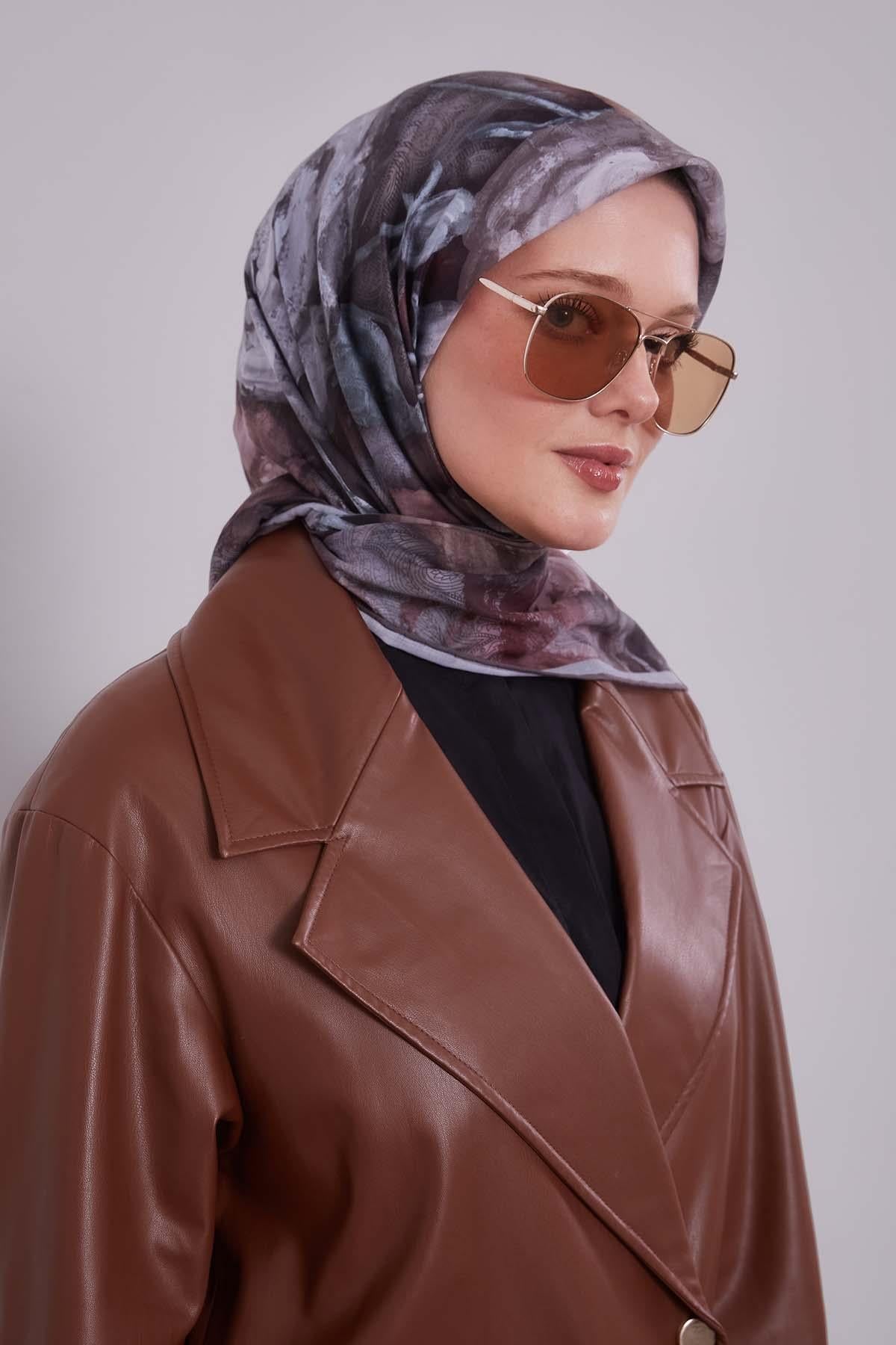 Fivescarf Gri Lale Desen Silk Coton Eşarp