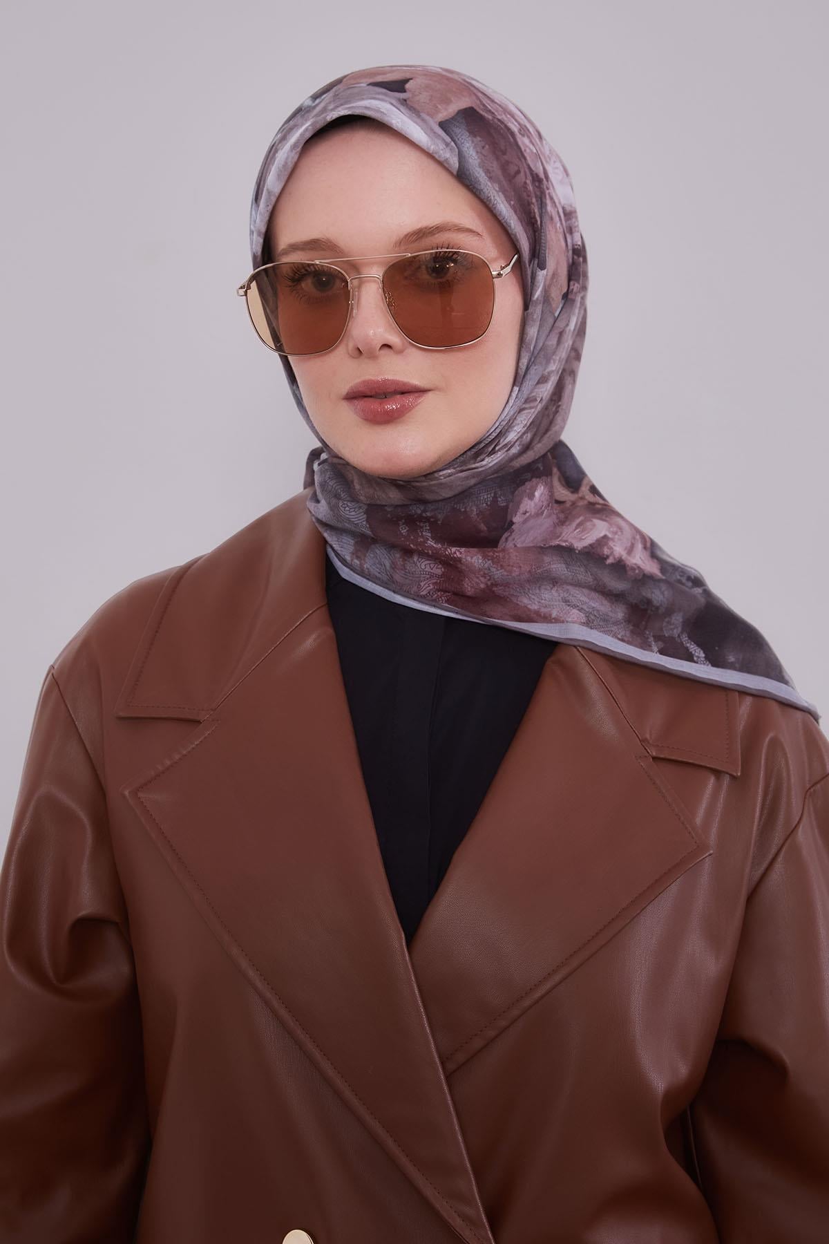 Fivescarf Gri Lale Desen Silk Coton Eşarp