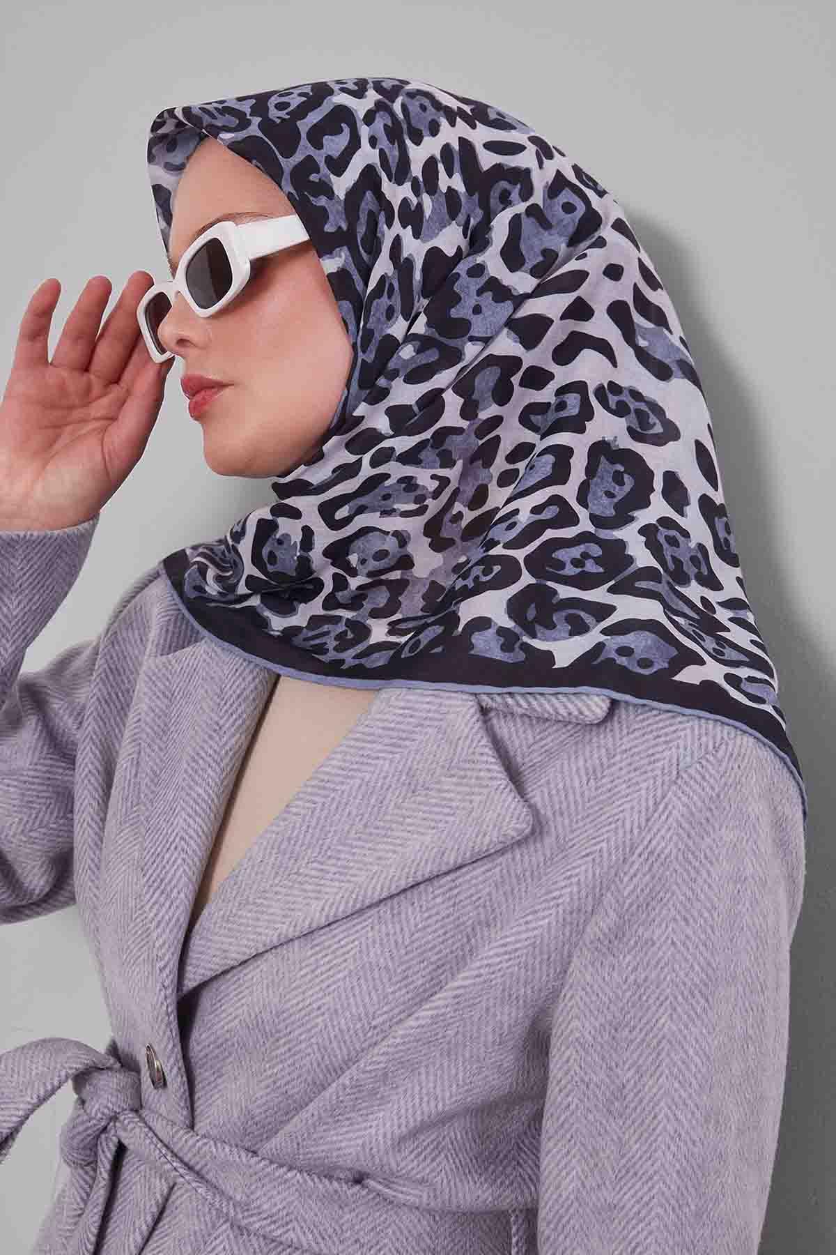 Fivescarf Gri Leopar Desen Silk Coton Eşarp