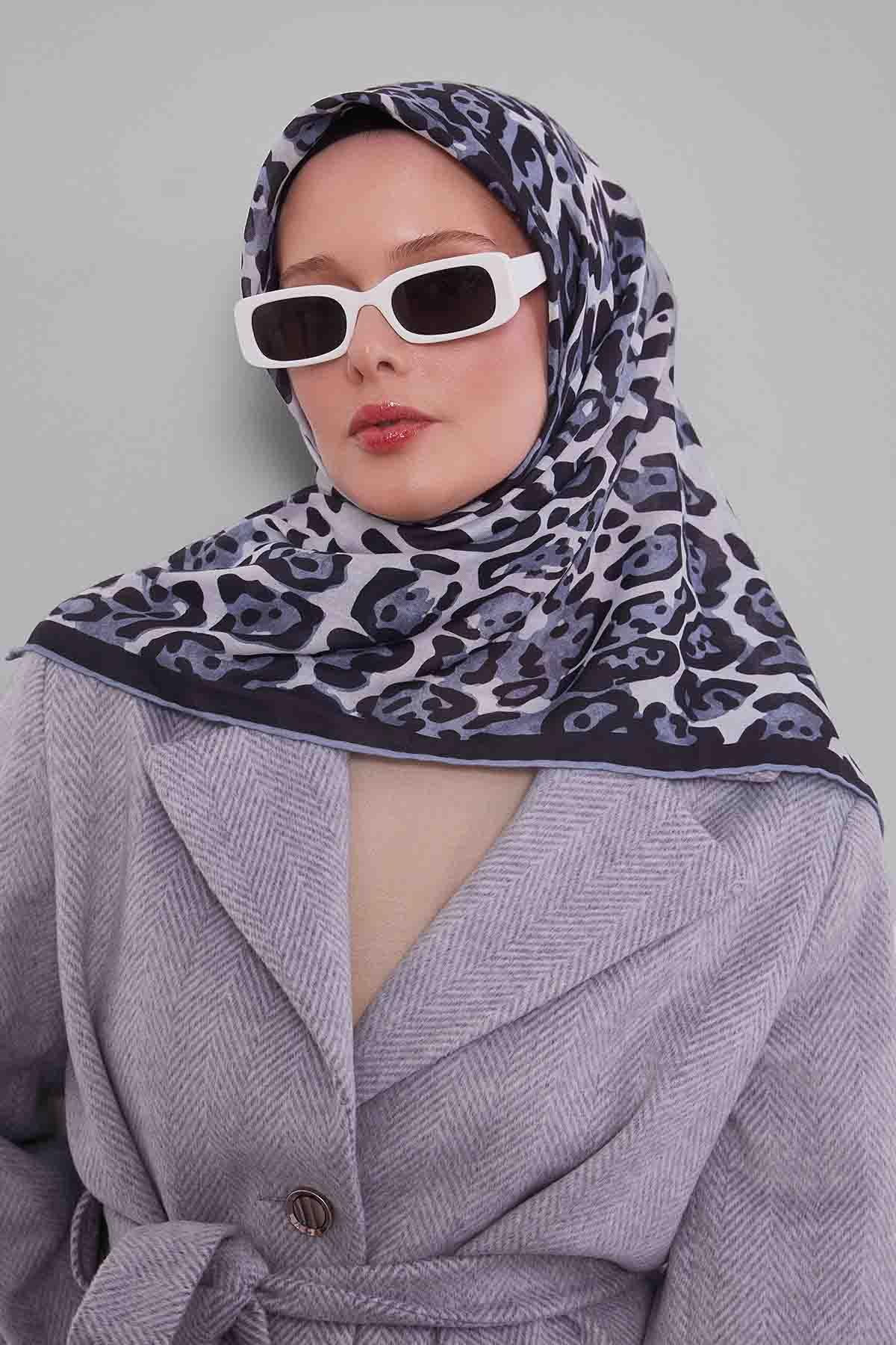 Fivescarf Gri Leopar Desen Silk Coton Eşarp