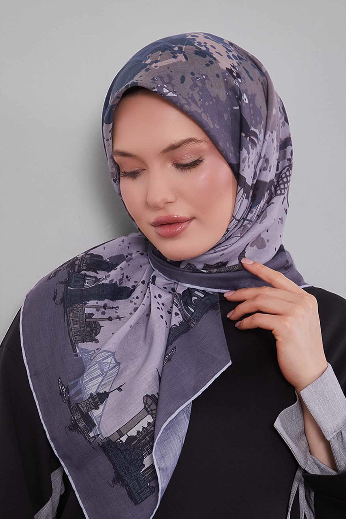 Fivescarf Gri Manzara Desen Silk Coton Eşarp
