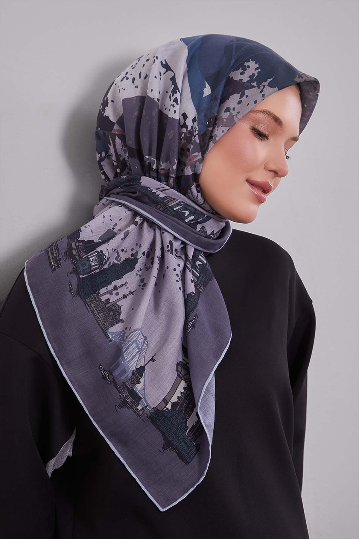 Fivescarf Gri Manzara Desen Silk Coton Eşarp
