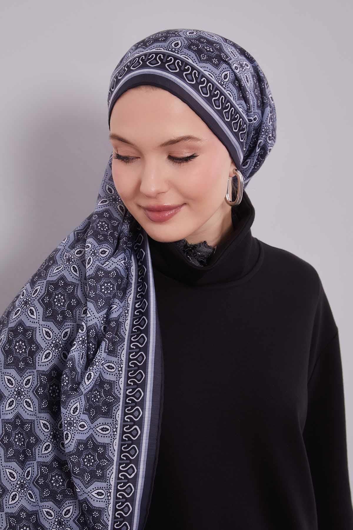 Fivescarf Gri Motif Desen Silk Coton Eşarp