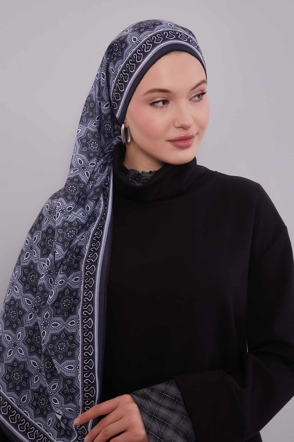 Fivescarf Gri Motif Desen Silk Coton Eşarp