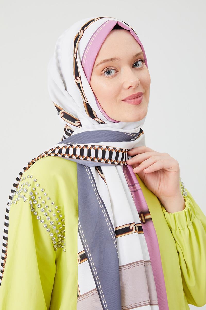 Fivescarf Gri Zincir Desen Violet Medine İpeği Şal