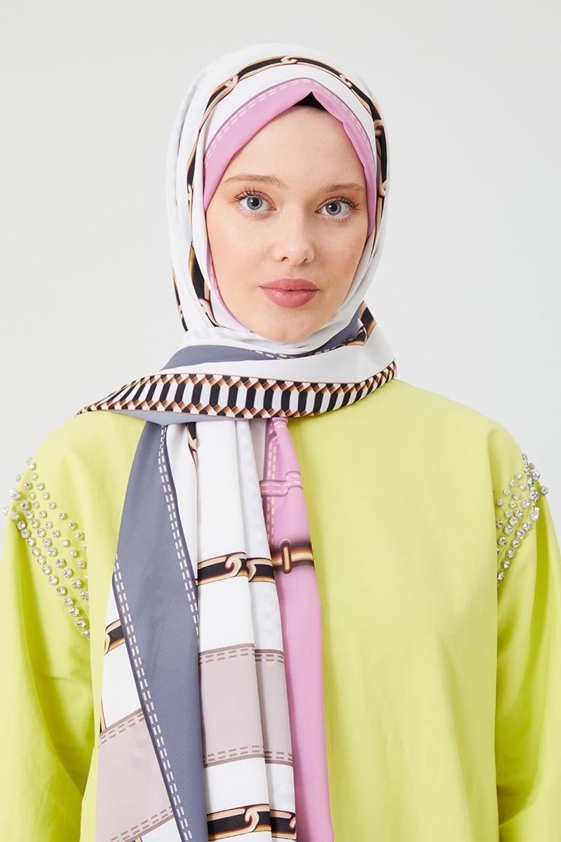 Fivescarf Gri Zincir Desen Violet Medine İpeği Şal