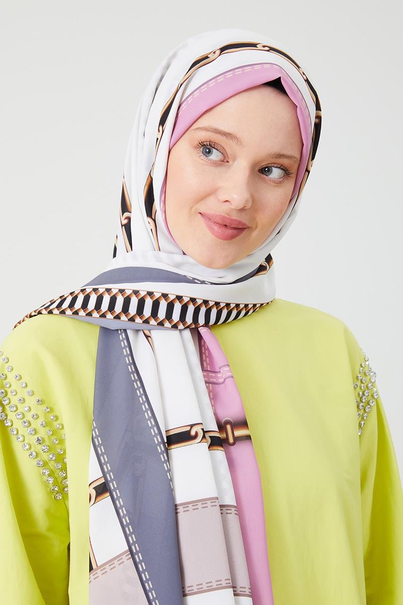 Fivescarf Gri Zincir Desen Violet Medine İpeği Şal