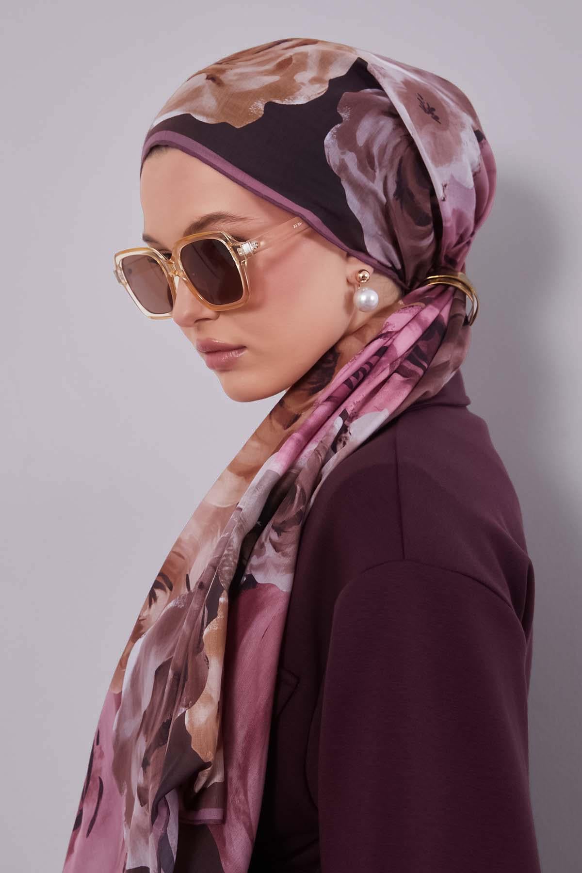 Fivescarf Gül Çiçek Desen Slik Coton Eşarp