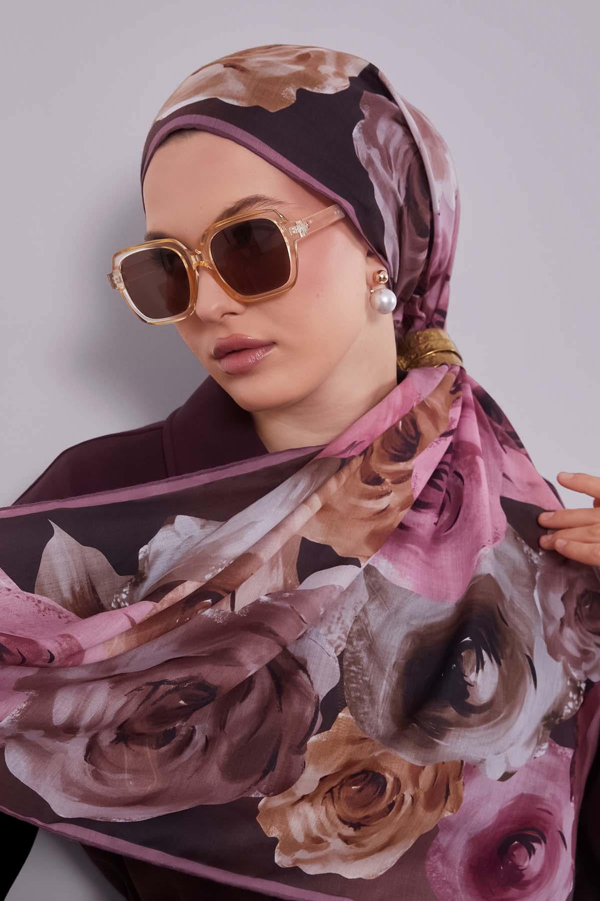 Fivescarf Gül Çiçek Desen Slik Coton Eşarp