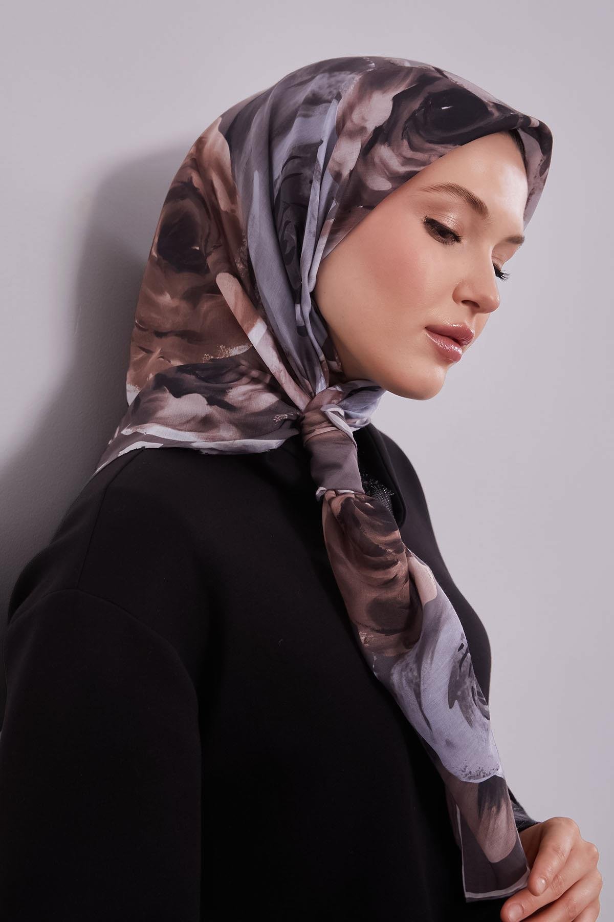 Fivescarf Gümüş Çiçek Desen Slik Coton Eşarp
