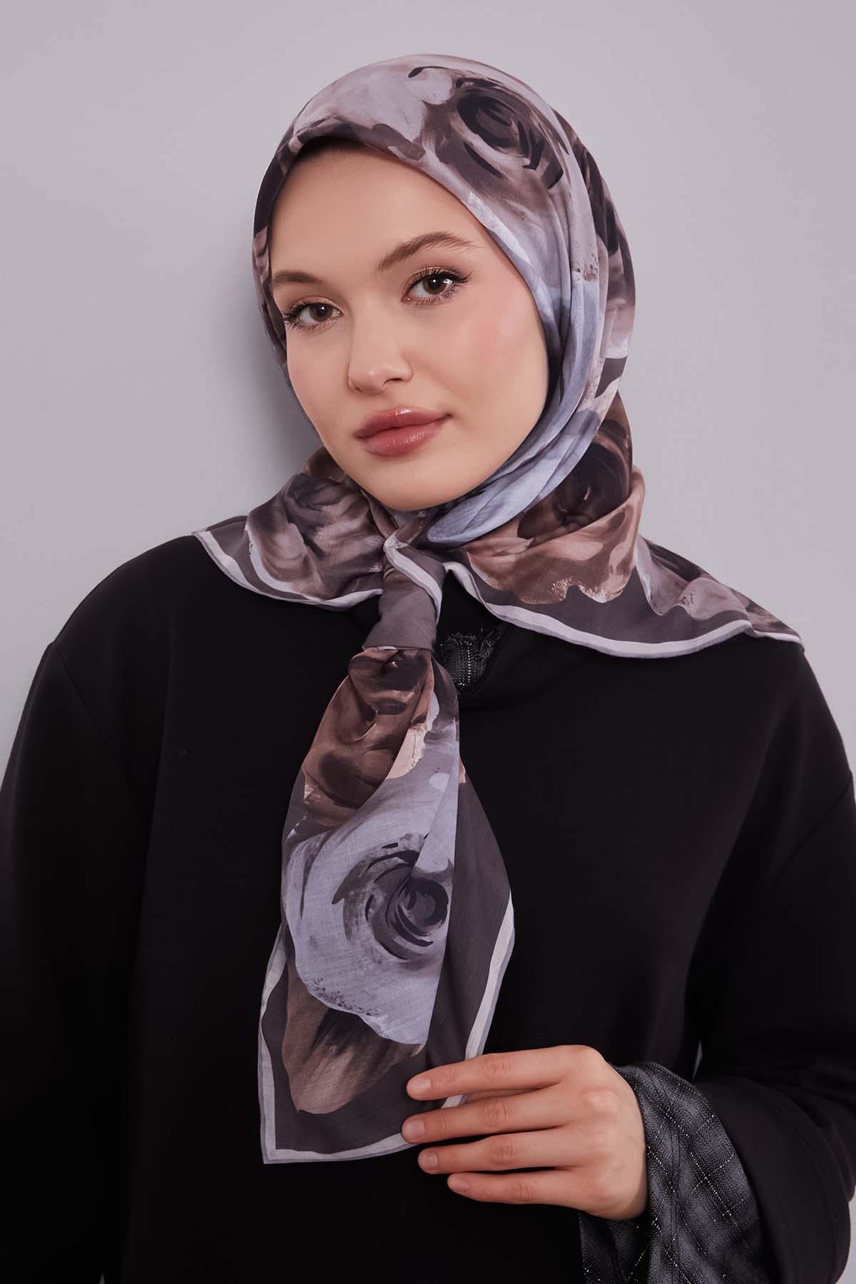 Fivescarf Gümüş Çiçek Desen Slik Coton Eşarp