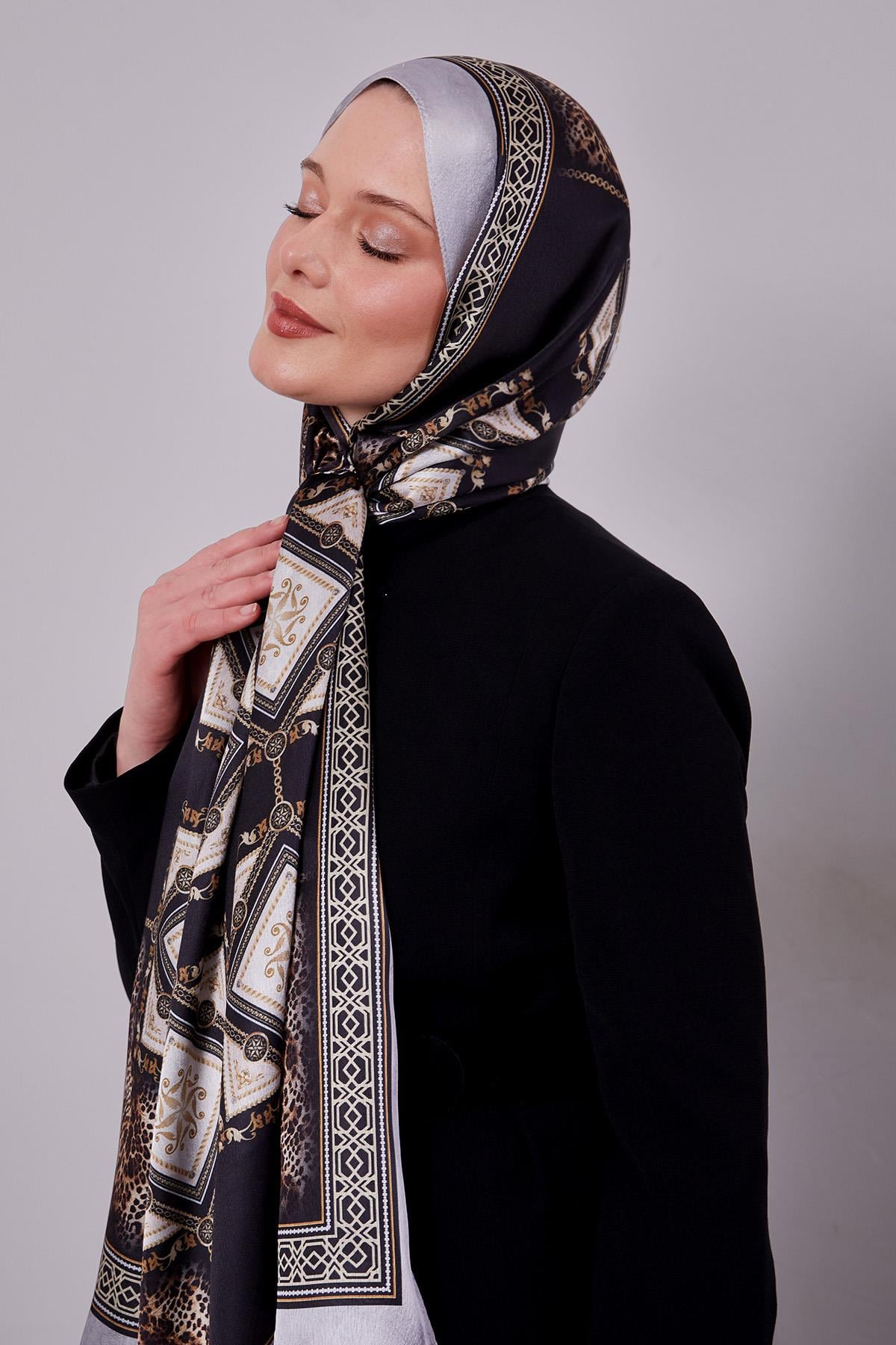 Fivescarf Gümüş Geometrik Desen Vual İpek Şal