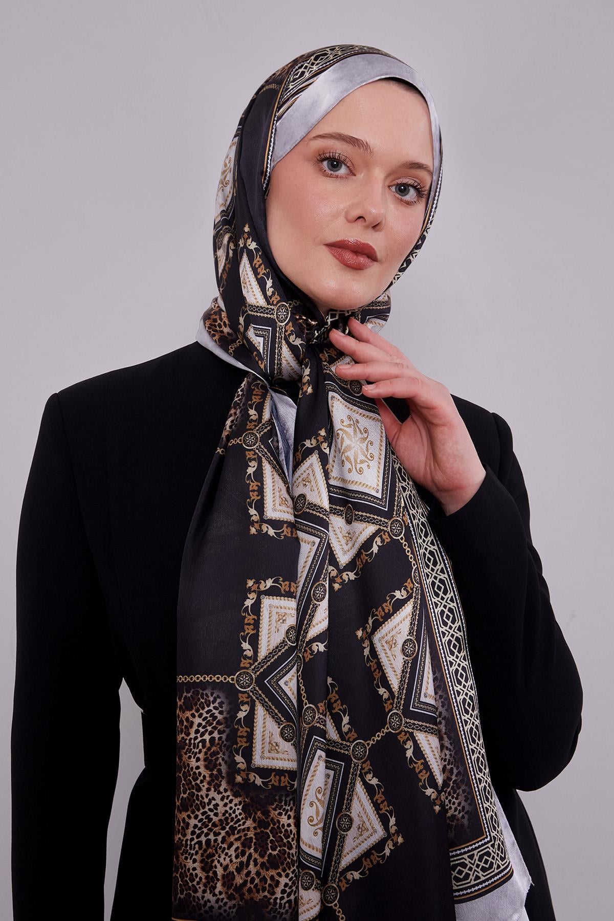 Fivescarf Gümüş Geometrik Desen Vual İpek Şal