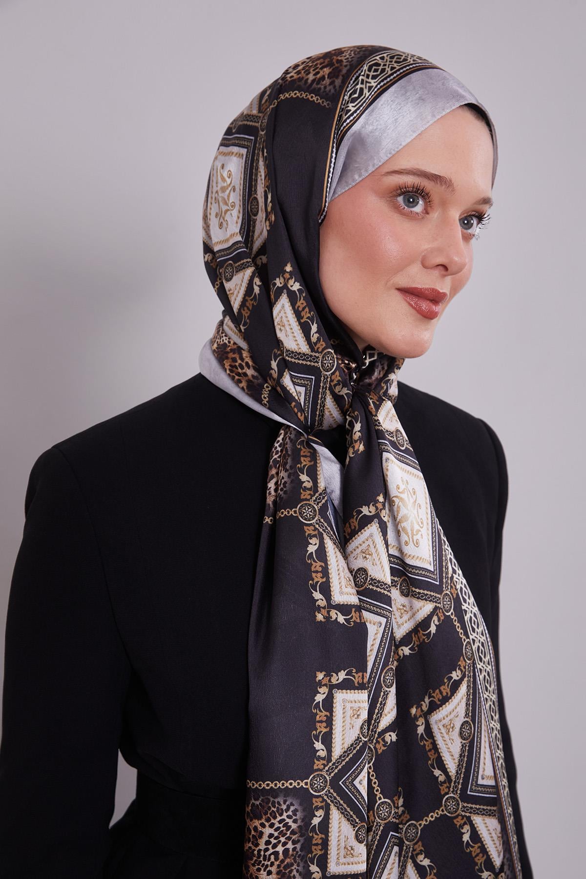 Fivescarf Gümüş Geometrik Desen Vual İpek Şal