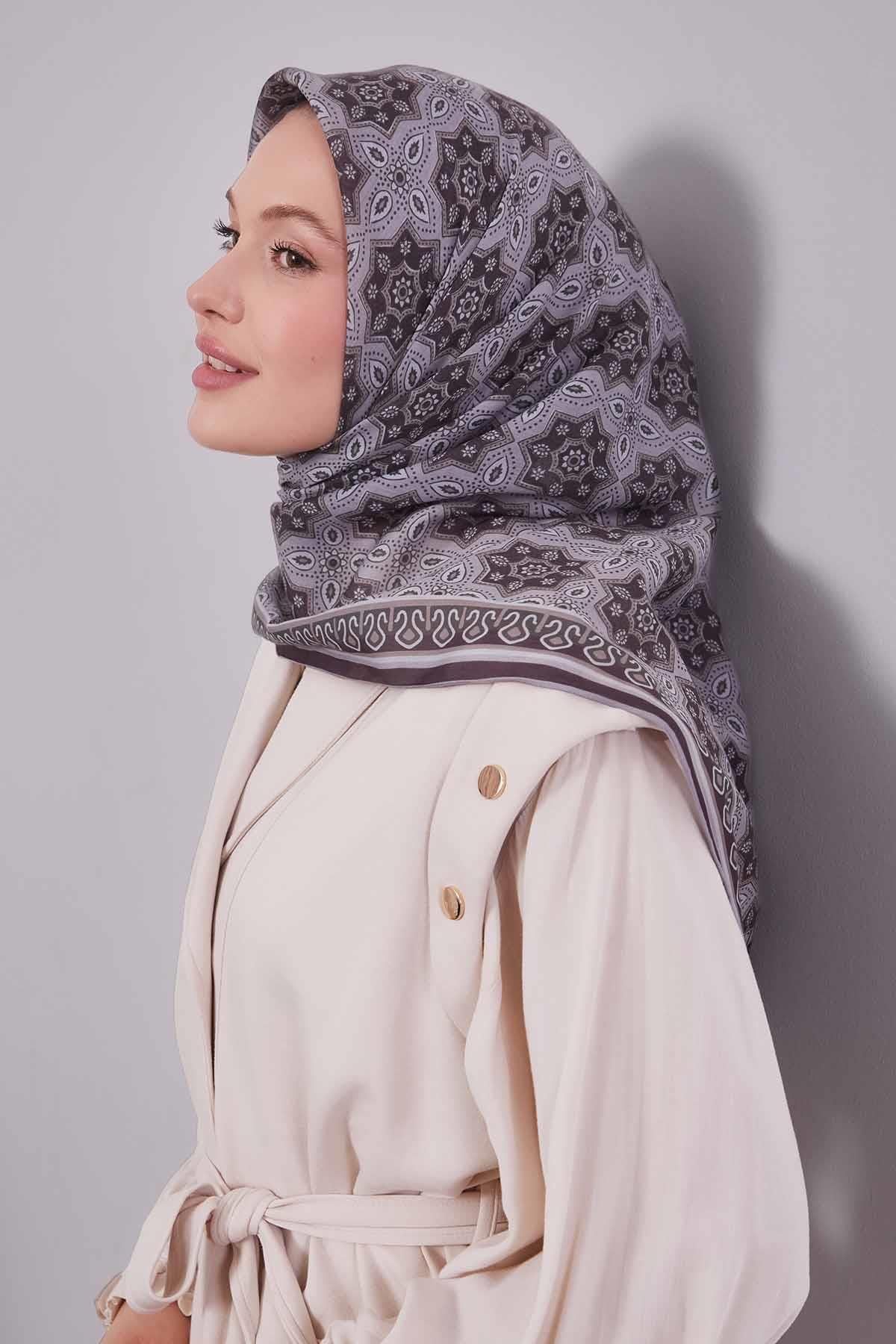 Fivescarf Gümüş Motif Desen Silk Coton Eşarp