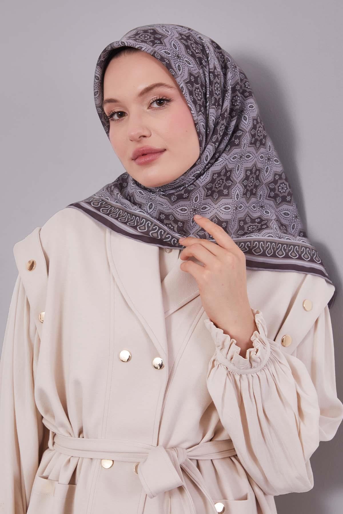 Fivescarf Gümüş Motif Desen Silk Coton Eşarp