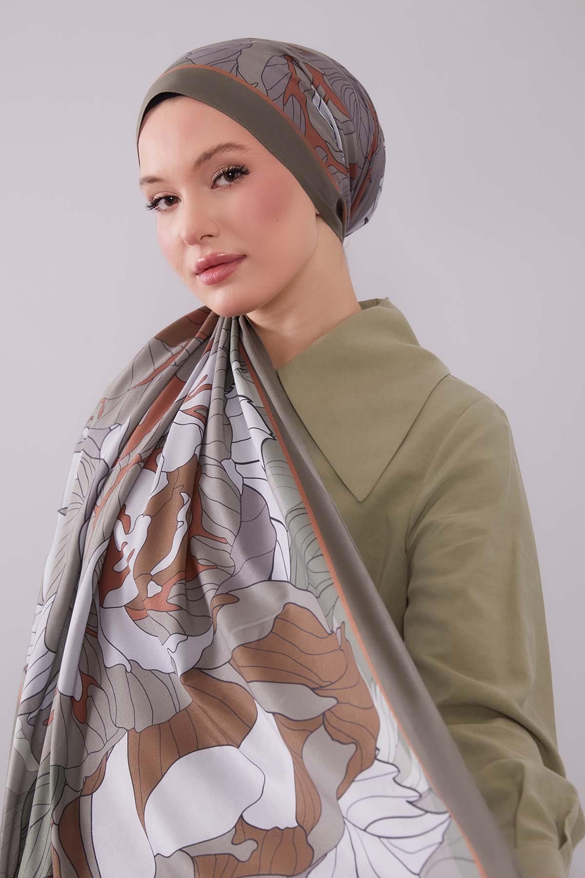 Fivescarf Haki Çiçekli Floral Desen Moos Chrep Şal