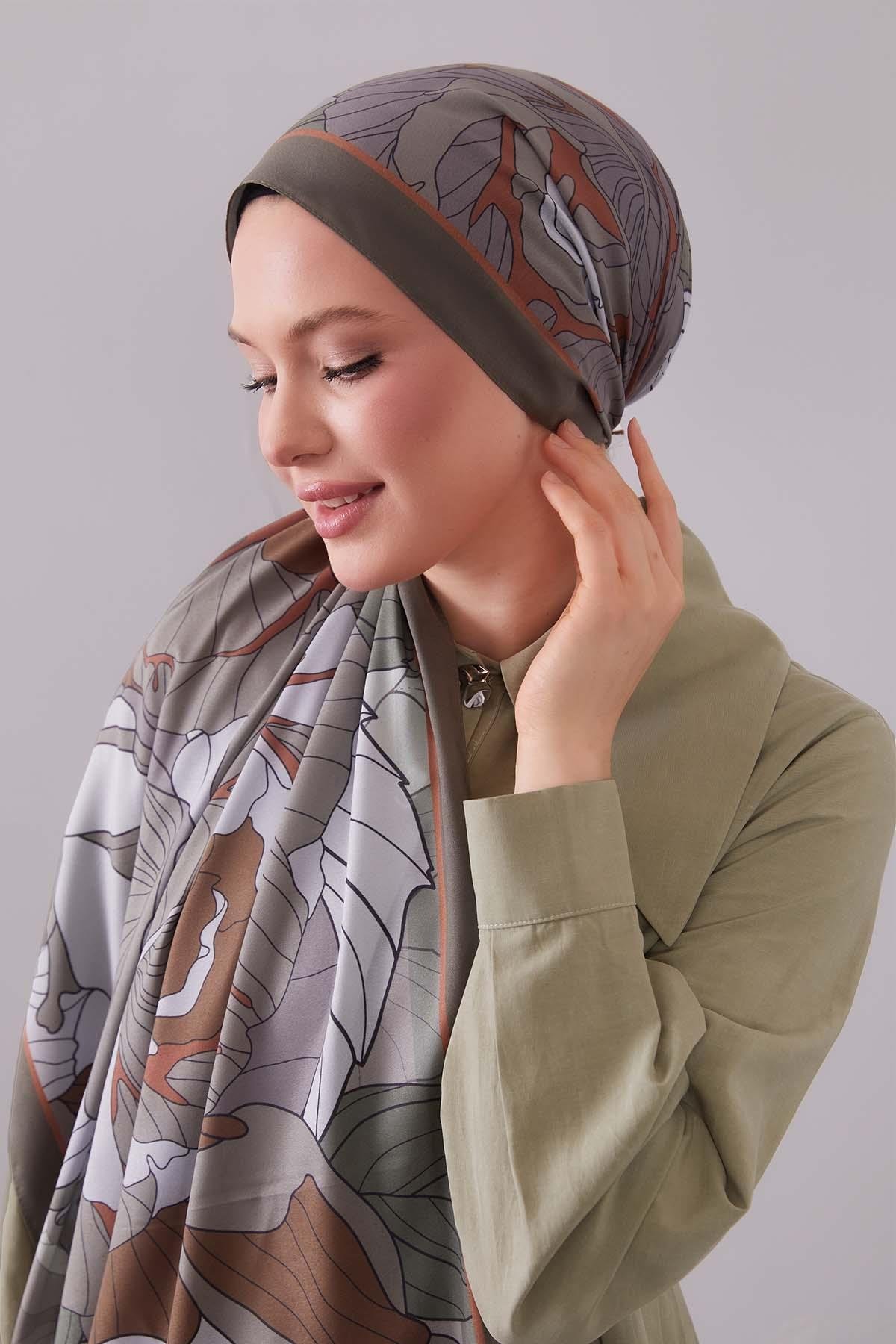 Fivescarf Haki Çiçekli Floral Desen Moos Chrep Şal