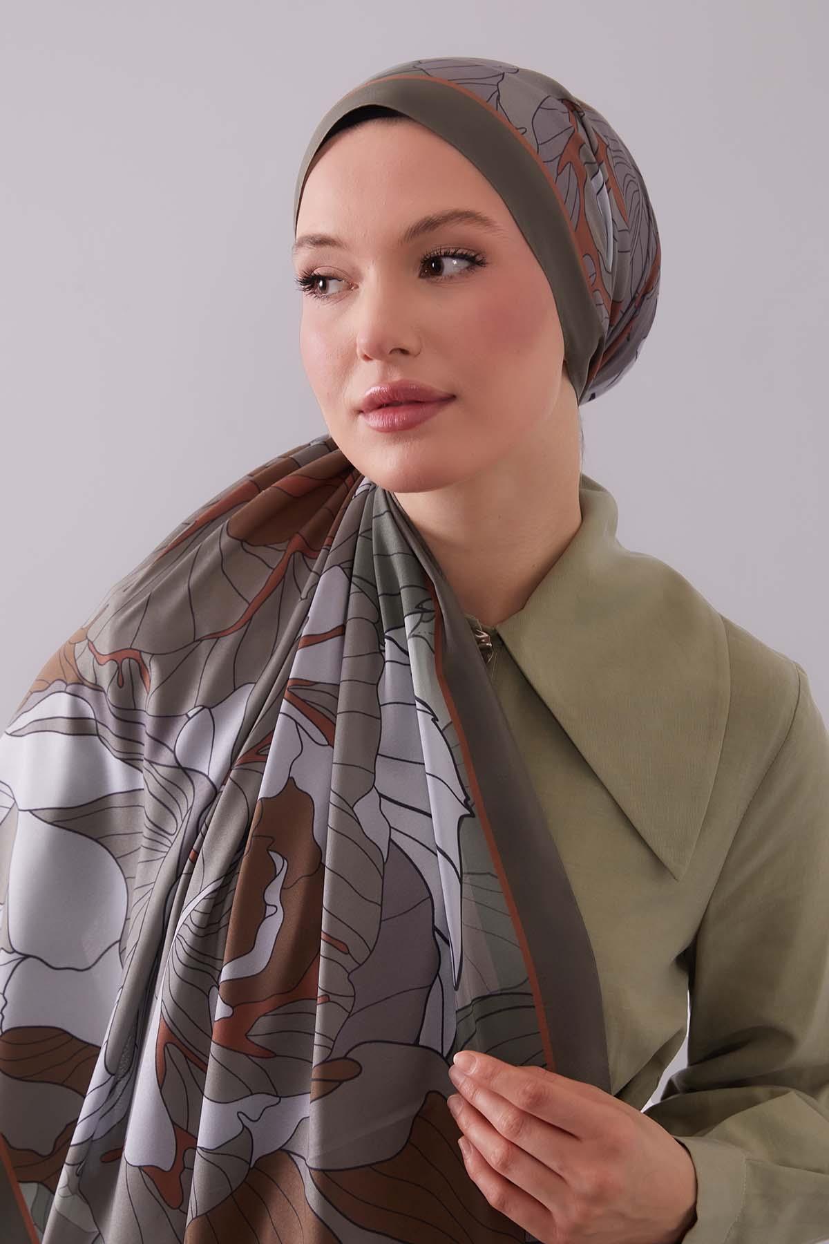 Fivescarf Haki Çiçekli Floral Desen Moos Chrep Şal