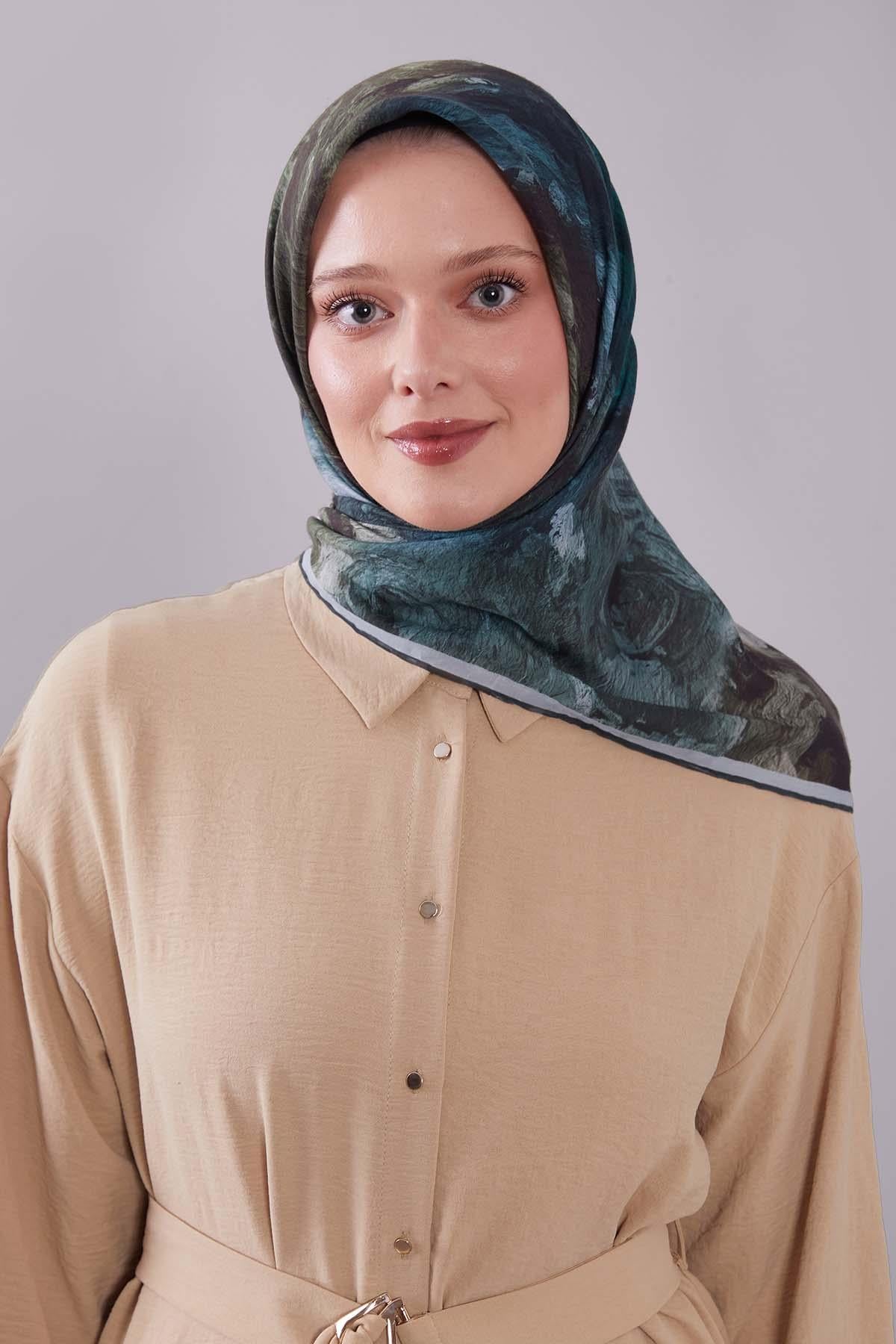 Fivescarf Haki Dalga Desen Silk Coton Eşarp
