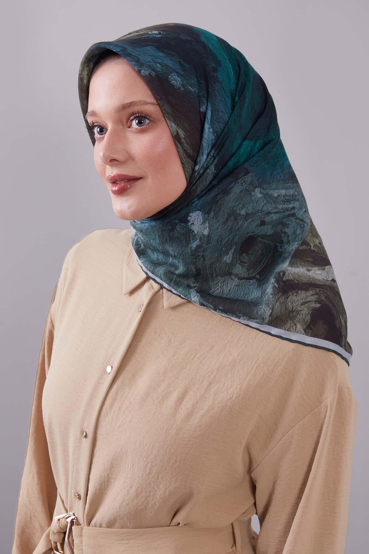 Fivescarf Haki Dalga Desen Silk Coton Eşarp