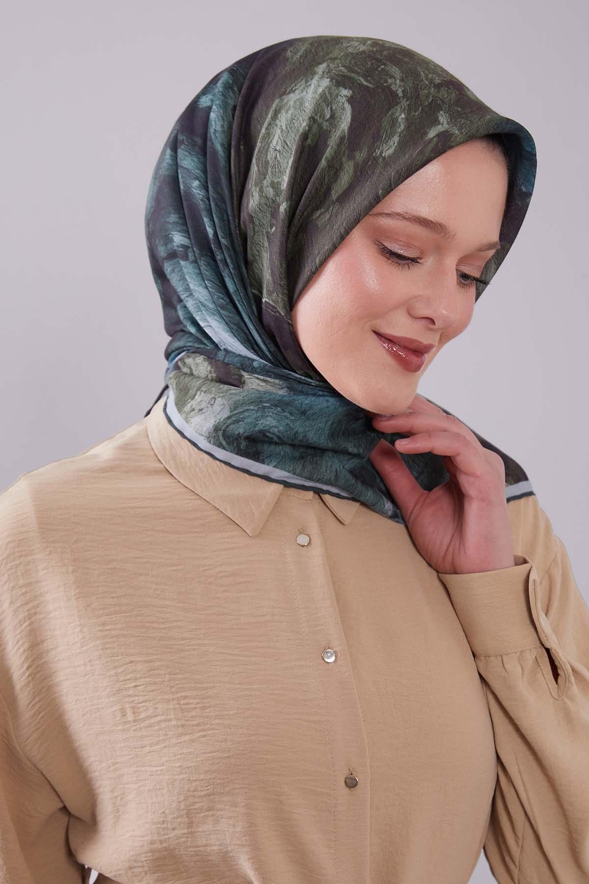 Fivescarf Haki Dalga Desen Silk Coton Eşarp