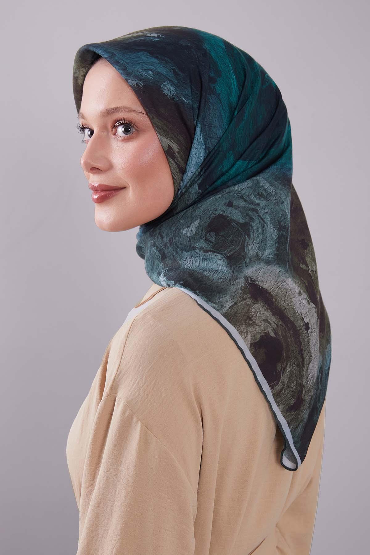 Fivescarf Haki Dalga Desen Silk Coton Eşarp