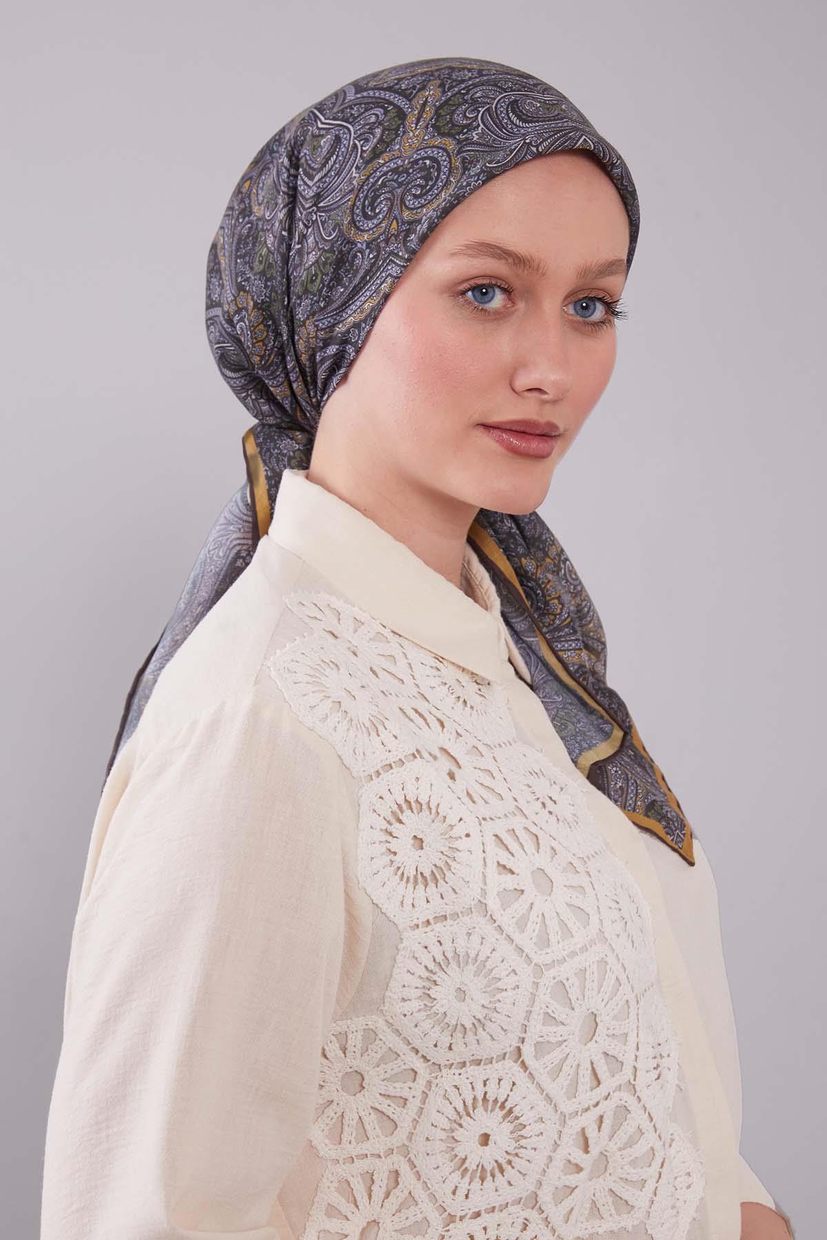Fivescarf Haki Etnik Desen Silk Cotton Eşarp