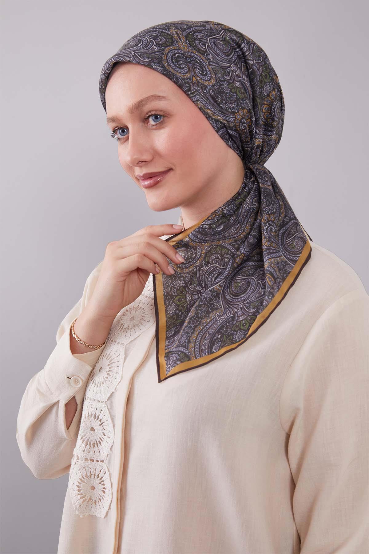 Fivescarf Haki Etnik Desen Silk Cotton Eşarp