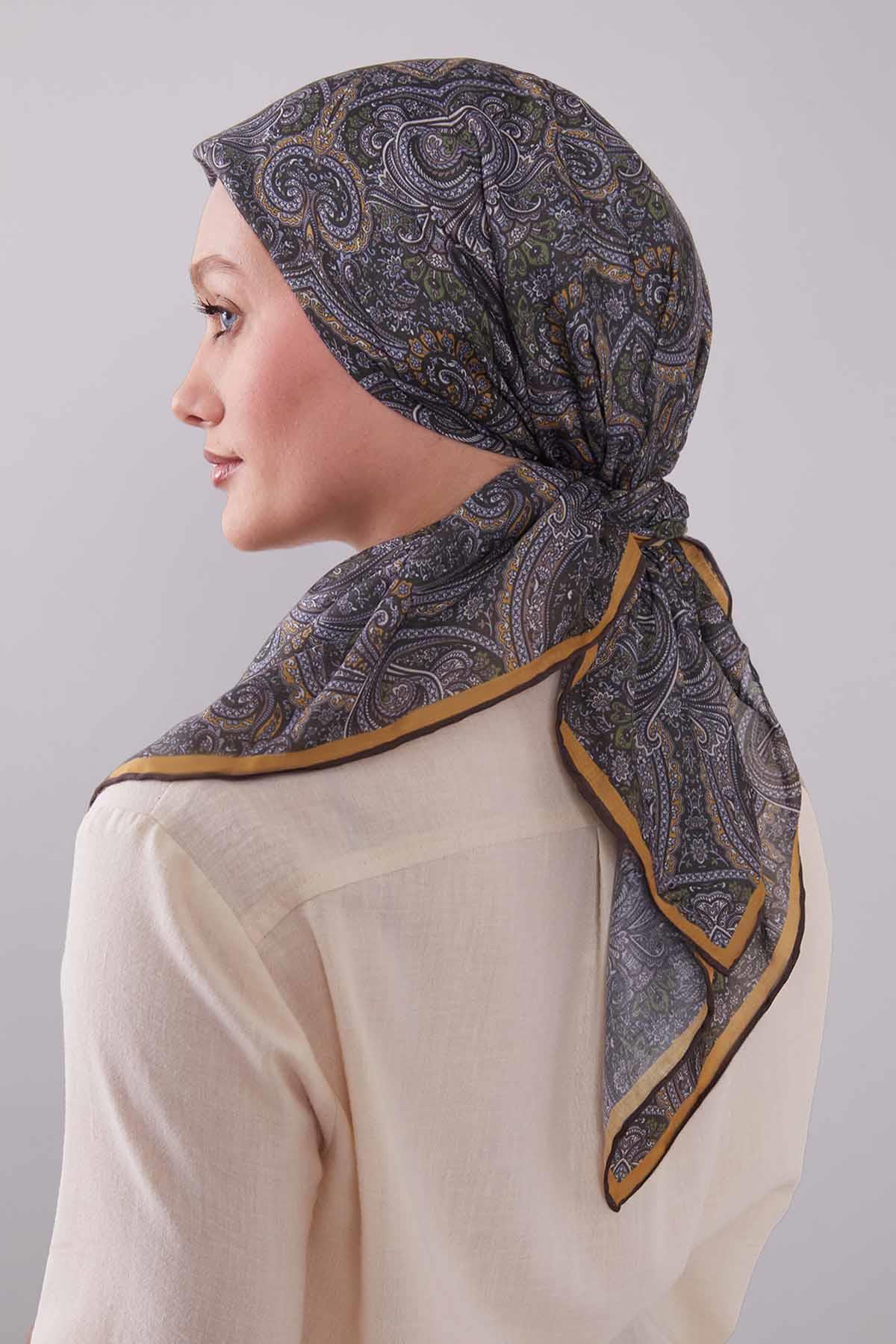 Fivescarf Haki Etnik Desen Silk Cotton Eşarp
