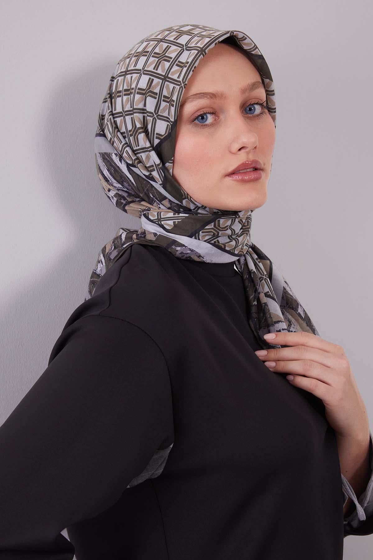 Fivescarf Haki Geometri Desen Silk Cotton Eşarp