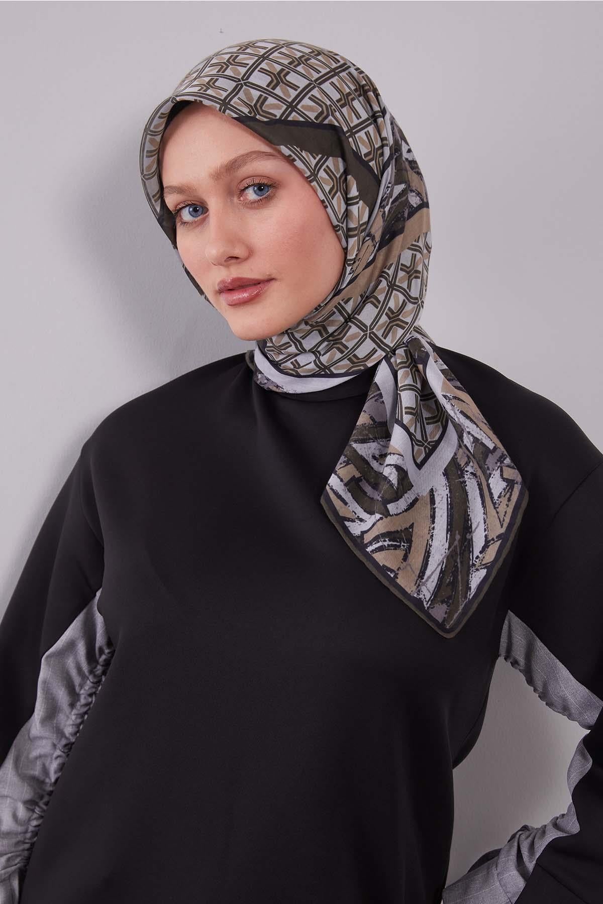 Fivescarf Haki Geometri Desen Silk Cotton Eşarp